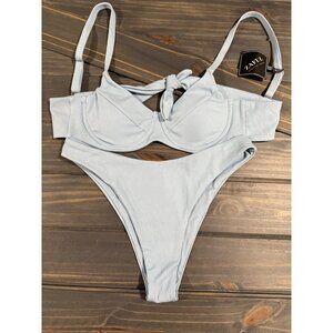 Zaful Light Blue Ribbed Two-Piece Swimsuit With Knot Front & High-Cut Design Siz